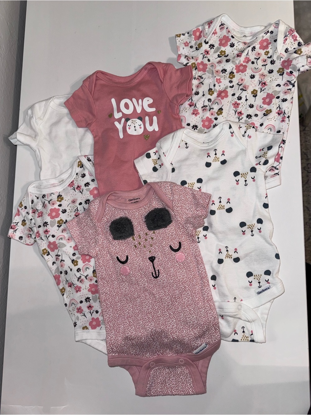 Gerber Pink & White Floral and Character Baby Bodysuit Set - 6 Pack